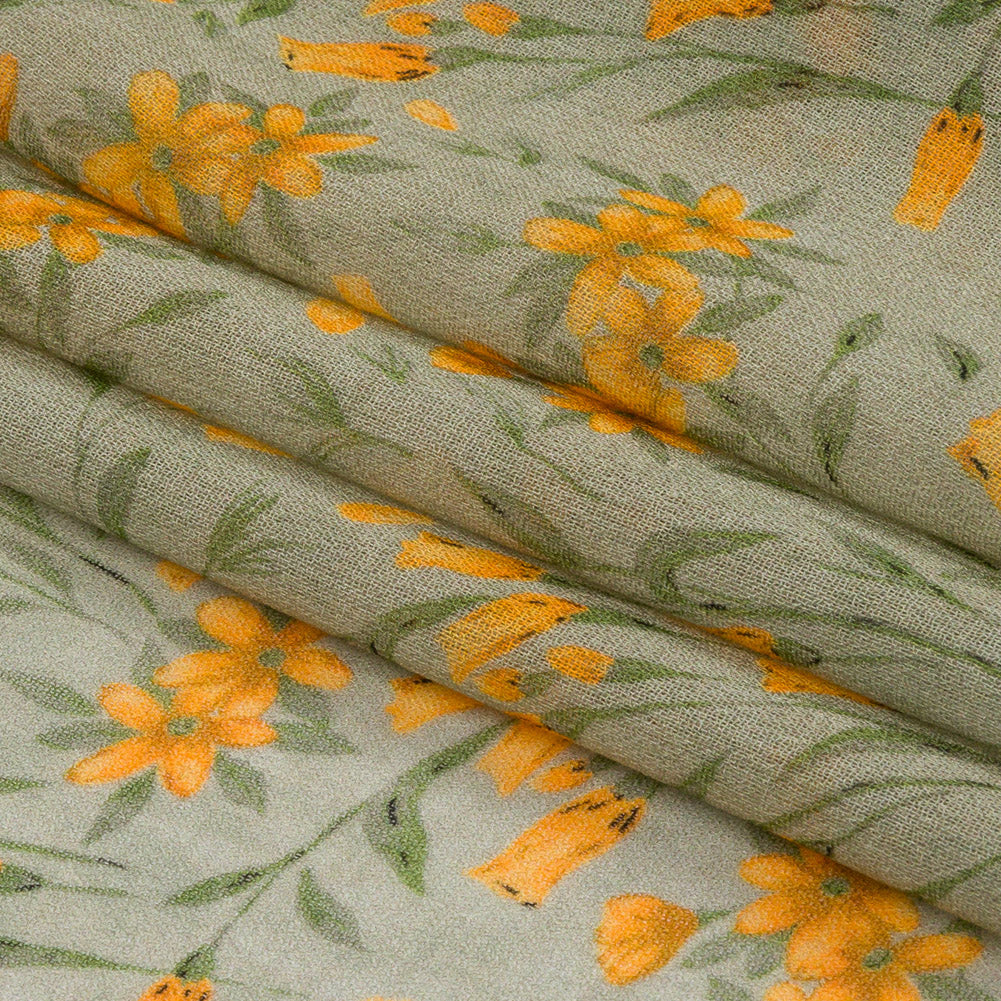 Viscose Georgette - Sage and Orange Floral - Dance with the Daffodils Print - Mood Exclusive Secret Garden Collection - Folded Viscose Georgette - Sage and Orange Floral - Dance with the Daffodils Print - Mood Exclusive Secret Garden Collection - Folded