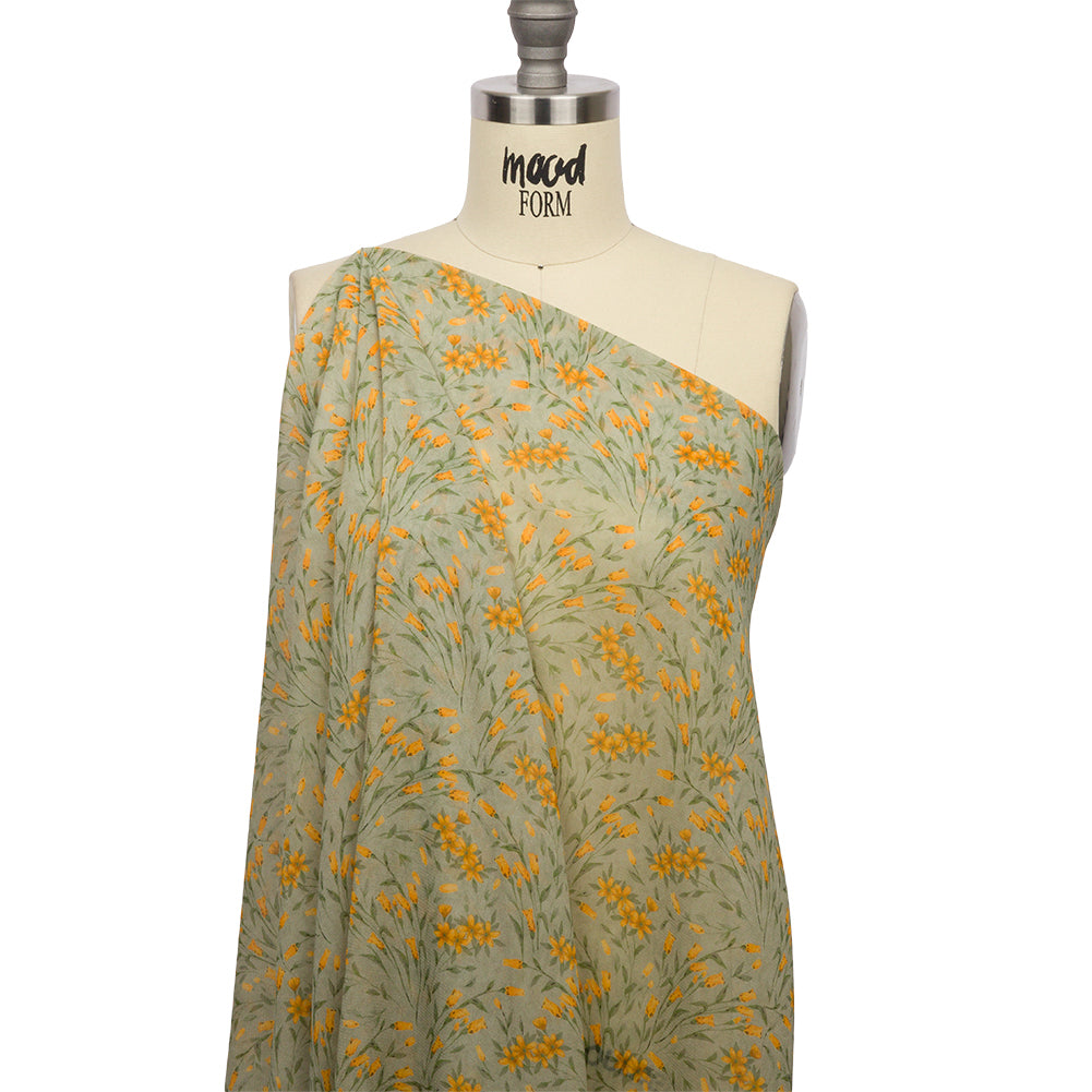 Viscose Georgette - Sage and Orange Floral - Dance with the Daffodils Print - Mood Exclusive Secret Garden Collection - Drape Viscose Georgette - Sage and Orange Floral - Dance with the Daffodils Print - Mood Exclusive Secret Garden Collection - Drape
