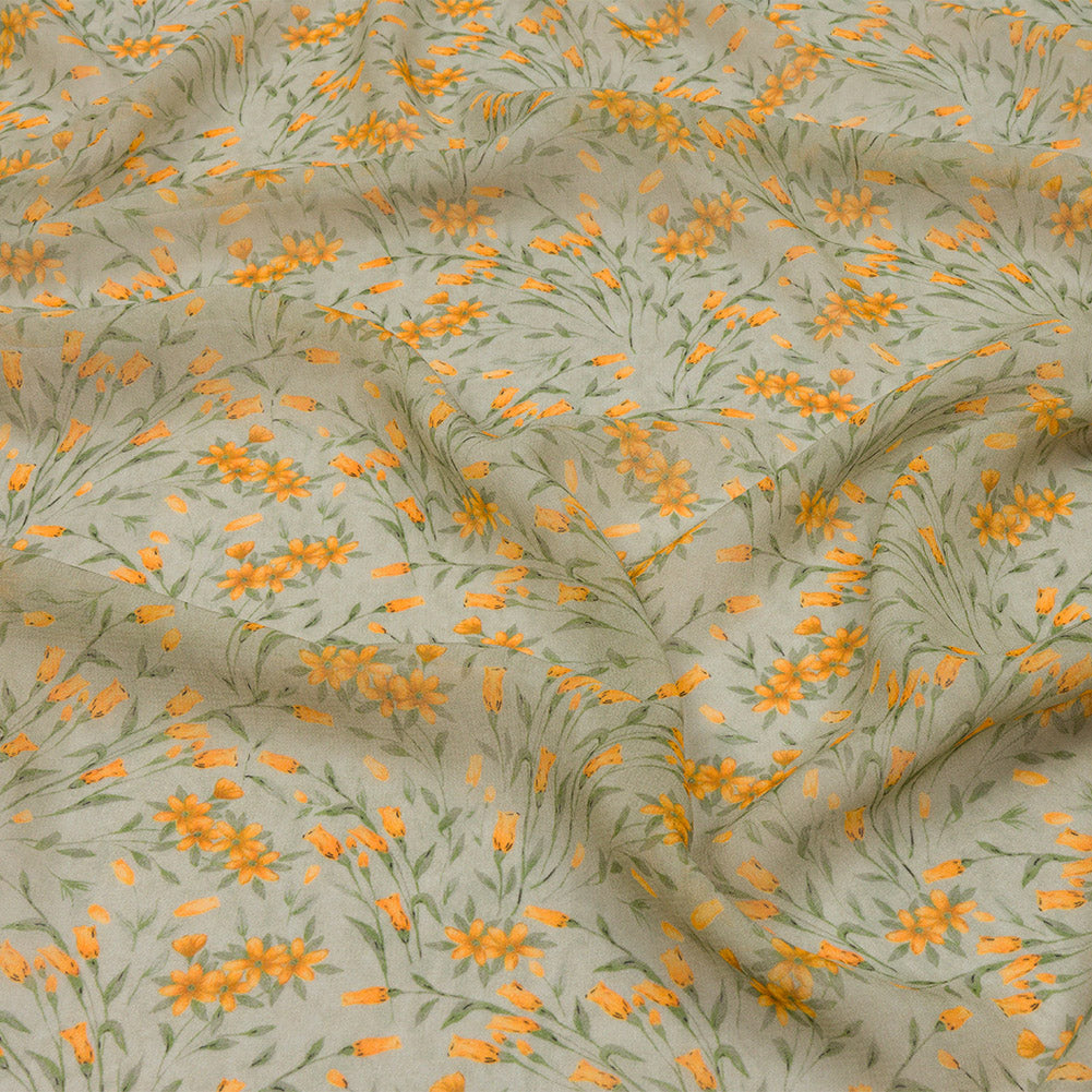 Viscose Georgette - Sage and Orange Floral - Dance with the Daffodils Print - Mood Exclusive Secret Garden Collection Viscose Georgette - Sage and Orange Floral - Dance with the Daffodils Print - Mood Exclusive Secret Garden Collection