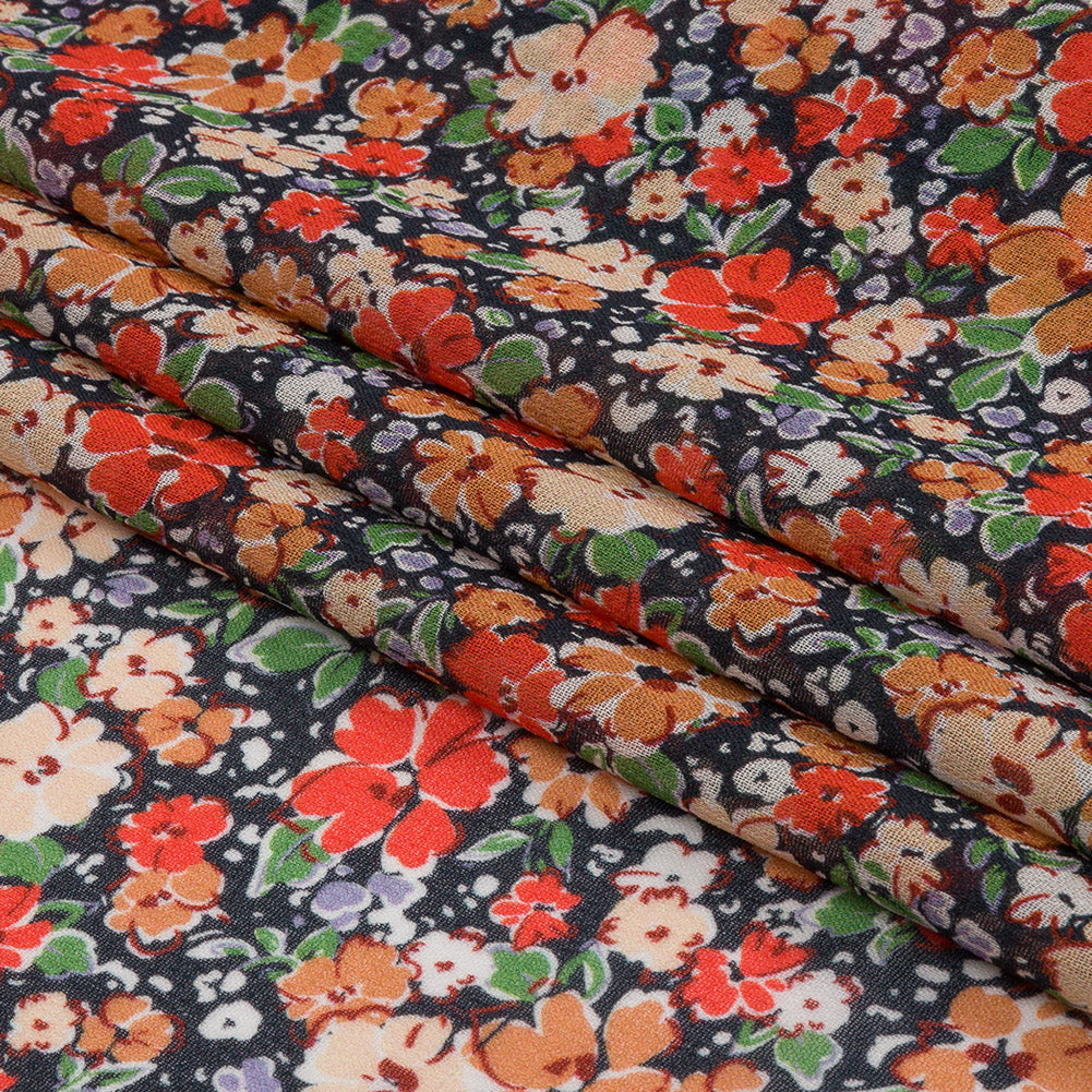 Viscose Georgette - Black and Peach Floral - Poppy Hypnosis Print - Mood Exclusive Secret Garden Collection - Folded Viscose Georgette - Black and Peach Floral - Poppy Hypnosis Print - Mood Exclusive Secret Garden Collection - Folded
