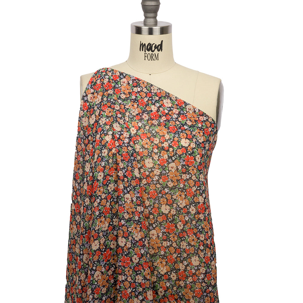 Viscose Georgette - Black and Peach Floral - Poppy Hypnosis Print - Mood Exclusive Secret Garden Collection - Drape Viscose Georgette - Black and Peach Floral - Poppy Hypnosis Print - Mood Exclusive Secret Garden Collection - Drape