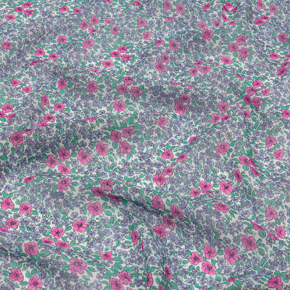 Viscose Georgette - Blue and Pink Floral - Springtime Saunter Print - Mood Exclusive Secret Garden Collection Viscose Georgette - Blue and Pink Floral - Springtime Saunter Print - Mood Exclusive Secret Garden Collection