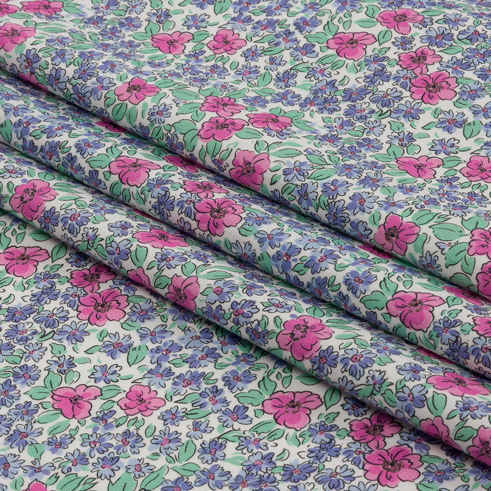 Cotton Poplin - Blue and Pink Floral - Springtime Saunter Print - Mood Exclusive Secret Garden Collection - Folded Cotton Poplin - Blue and Pink Floral - Springtime Saunter Print - Mood Exclusive Secret Garden Collection - Folded