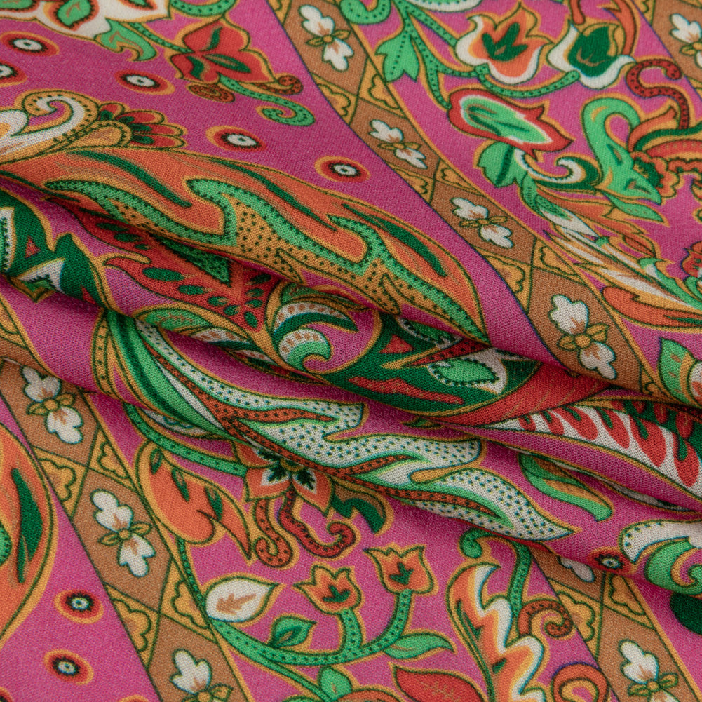 Sustainable Viscose Crepe - Pink Floral Paisley Stripes - Locust Lily Print - Mood Exclusive Gisele Collection - Folded Sustainable Viscose Crepe - Pink Floral Paisley Stripes - Locust Lily Print - Mood Exclusive Gisele Collection - Folded