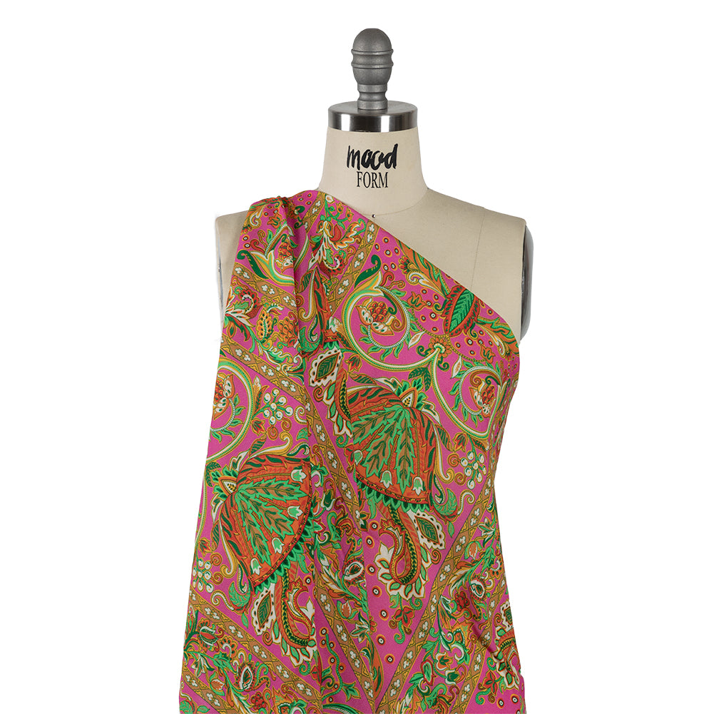Sustainable Viscose Crepe - Pink Floral Paisley Stripes - Locust Lily Print - Mood Exclusive Gisele Collection - Drape Sustainable Viscose Crepe - Pink Floral Paisley Stripes - Locust Lily Print - Mood Exclusive Gisele Collection - Drape