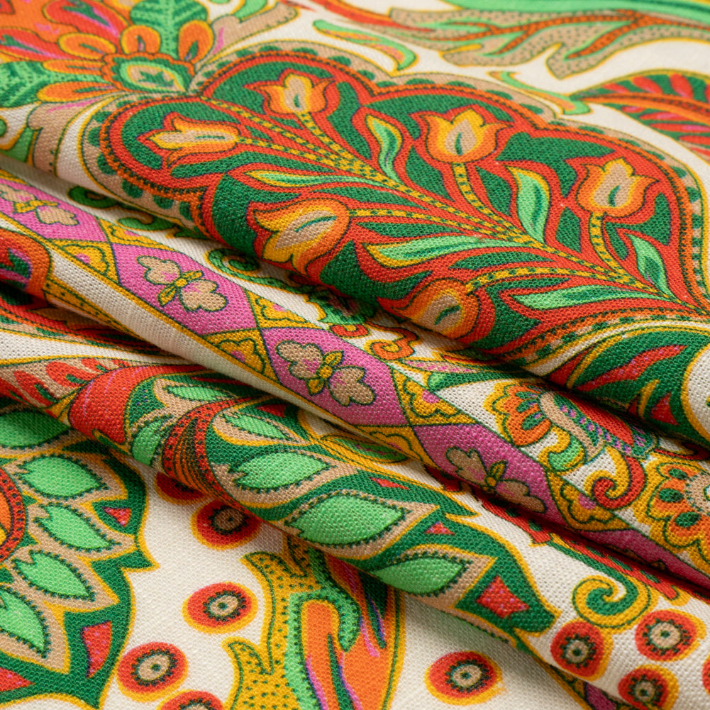 Viscose and Linen Woven - White Floral Paisley Stripes - Locust Lily Print - Mood Exclusive Gisele Collection - Folded Viscose and Linen Woven - White Floral Paisley Stripes - Locust Lily Print - Mood Exclusive Gisele Collection - Folded