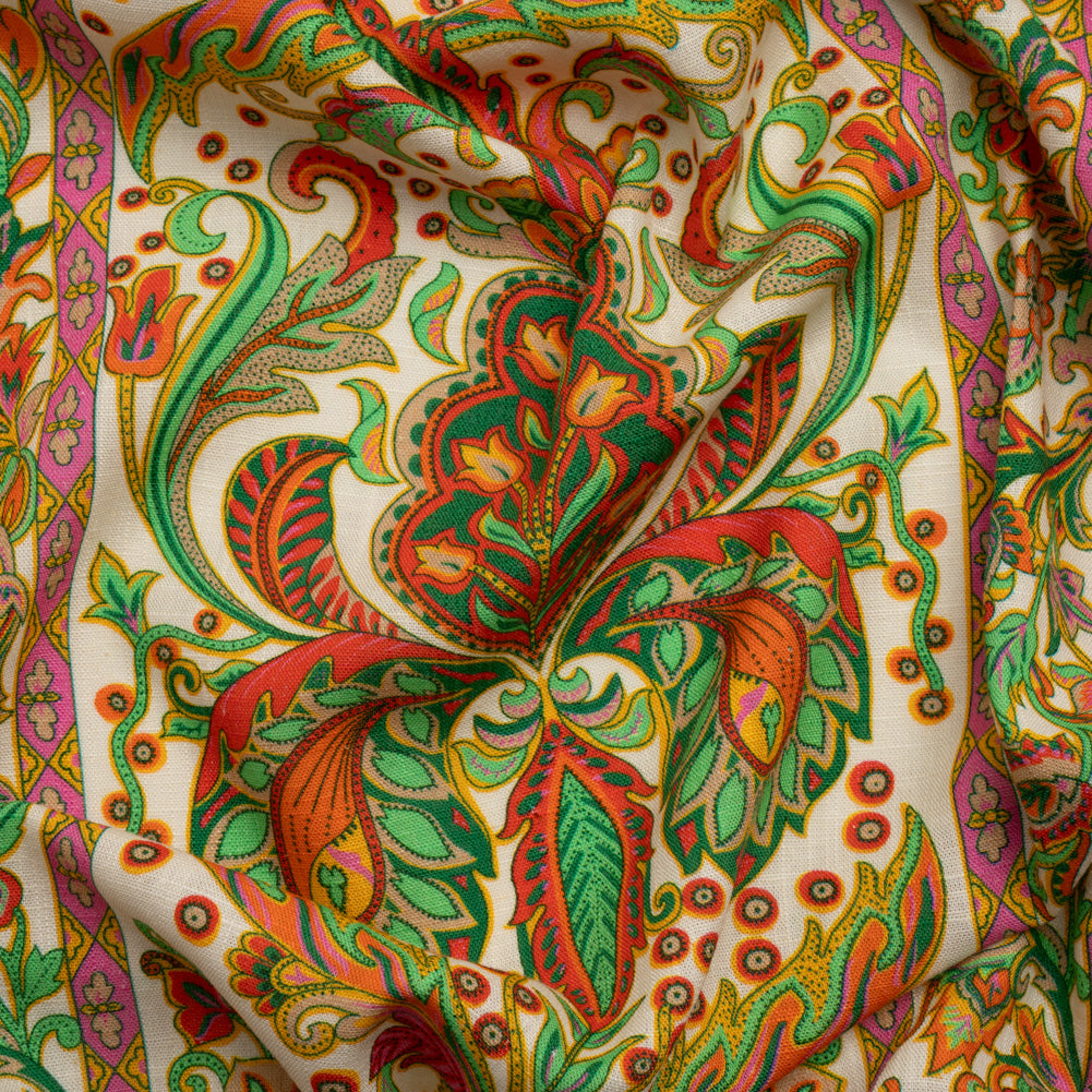 Viscose and Linen Woven - White Floral Paisley Stripes - Locust Lily Print - Mood Exclusive Gisele Collection Viscose and Linen Woven - White Floral Paisley Stripes - Locust Lily Print - Mood Exclusive Gisele Collection