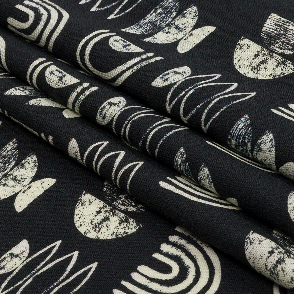 Linen and Rayon Woven - Black Rainbows and Geometrics - Cairn Caves Print - Mood Exclusive Palm Beach Collection - Folded Linen and Rayon Woven - Black Rainbows and Geometrics - Cairn Caves Print - Mood Exclusive Palm Beach Collection - Folded