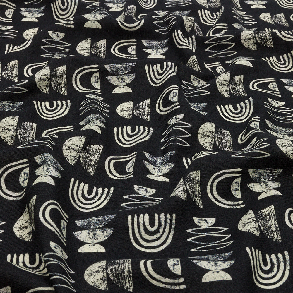 Linen and Rayon Woven - Black Rainbows and Geometrics - Cairn Caves Print - Mood Exclusive Palm Beach Collection Linen and Rayon Woven - Black Rainbows and Geometrics - Cairn Caves Print - Mood Exclusive Palm Beach Collection