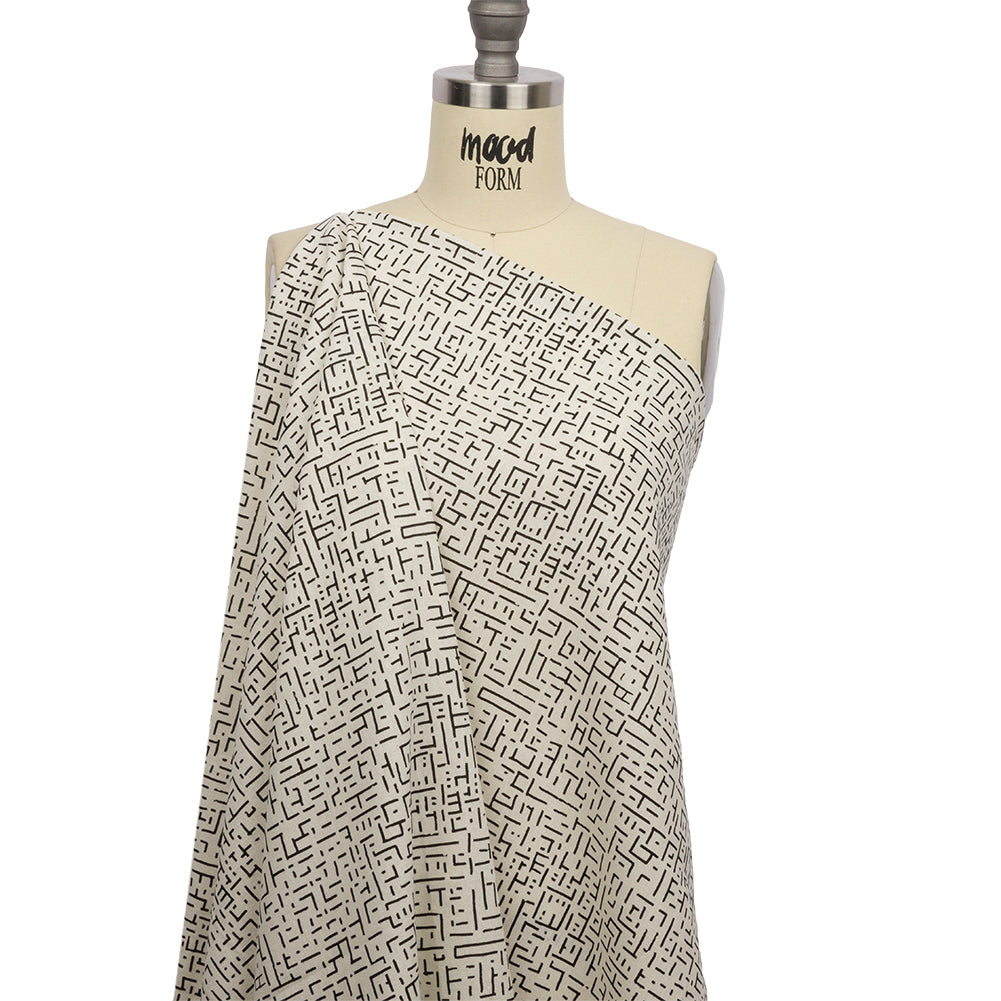 Linen and Rayon Woven - White and Black Geometric Lines - Maui Maze Print - Mood Exclusive Palm Beach Collection - Drape Linen and Rayon Woven - White and Black Geometric Lines - Maui Maze Print - Mood Exclusive Palm Beach Collection - Drape