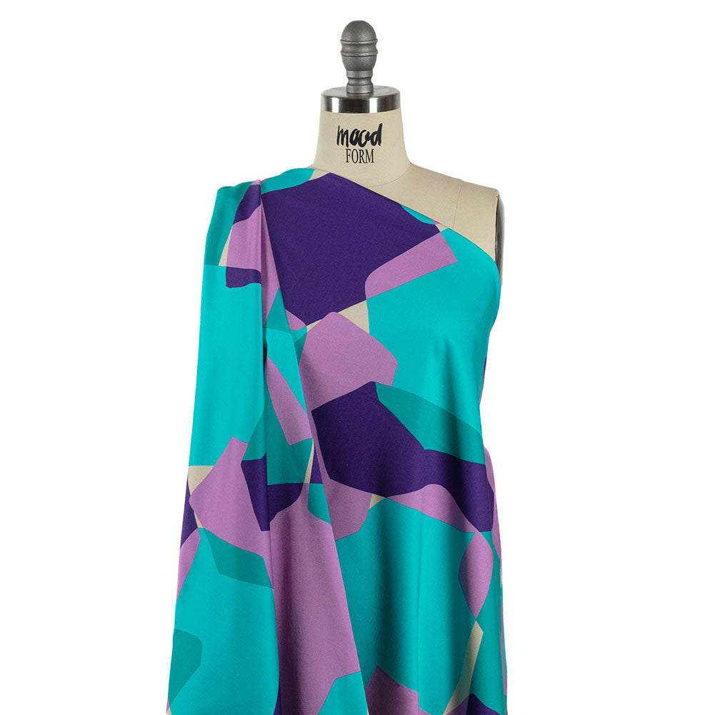 Stretch Cotton Sateen - Lilac and Turquoise Geometric Gems - Midnight Train to Georgia Print - Mood Exclusive Yesterday Collection - Drape Stretch Cotton Sateen - Lilac and Turquoise Geometric Gems - Midnight Train to Georgia Print - Mood Exclusive Yesterday Collection - Drape