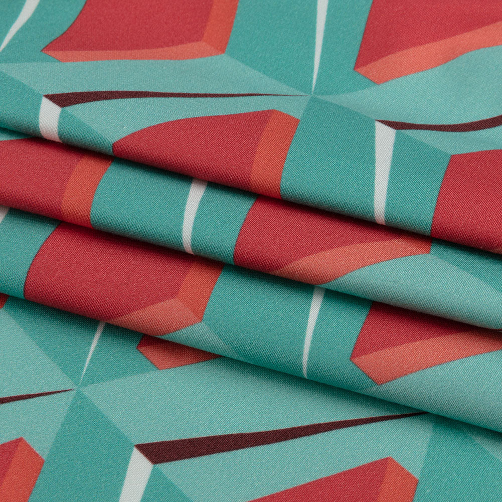 Stretch Cotton Sateen - Turquoise and Red Diamonds - Deco Delight Print - Mood Exclusive Yesterday Collection - Folded Stretch Cotton Sateen - Turquoise and Red Diamonds - Deco Delight Print - Mood Exclusive Yesterday Collection - Folded