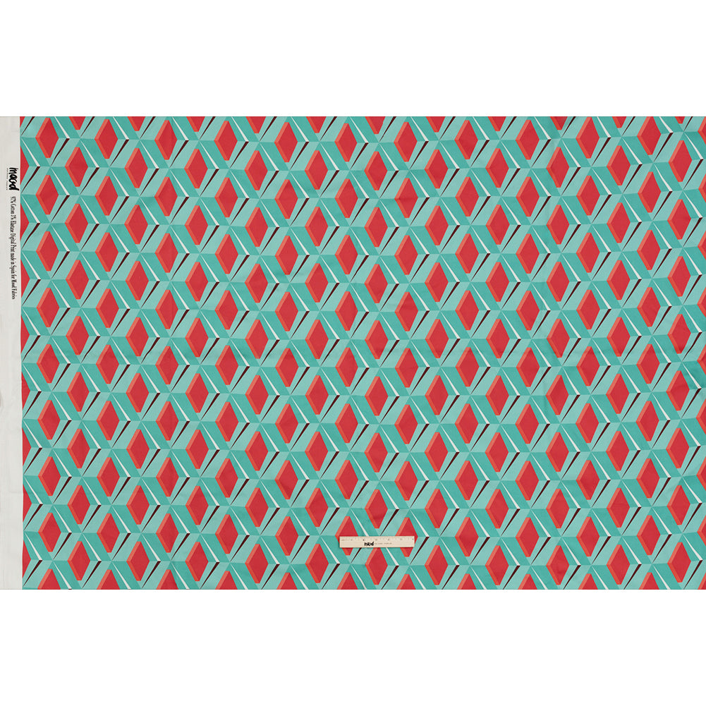 Stretch Cotton Sateen - Turquoise and Red Diamonds - Deco Delight Print - Mood Exclusive Yesterday Collection - Full Stretch Cotton Sateen - Turquoise and Red Diamonds - Deco Delight Print - Mood Exclusive Yesterday Collection - Full