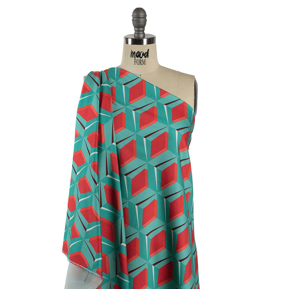 Stretch Cotton Sateen - Turquoise and Red Diamonds - Deco Delight Print - Mood Exclusive Yesterday Collection - Drape Stretch Cotton Sateen - Turquoise and Red Diamonds - Deco Delight Print - Mood Exclusive Yesterday Collection - Drape