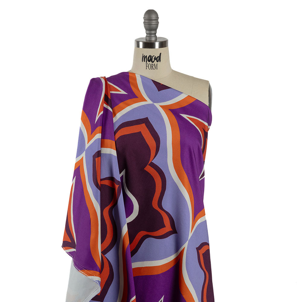 Stretch Cotton Sateen - Purple and Orange Ogees - Age of Aquarius Print - Mood Exclusive Yesterday Collection - Drape Stretch Cotton Sateen - Purple and Orange Ogees - Age of Aquarius Print - Mood Exclusive Yesterday Collection - Drape