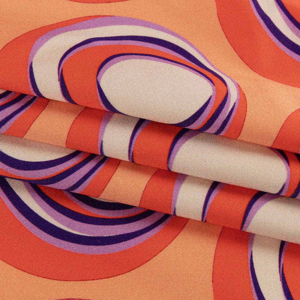 Stretch Cotton Sateen - Orange and Purple Circles - Stop The Beat Print - Mood Exclusive Yesterday Collection - Folded Stretch Cotton Sateen - Orange and Purple Circles - Stop The Beat Print - Mood Exclusive Yesterday Collection - Folded