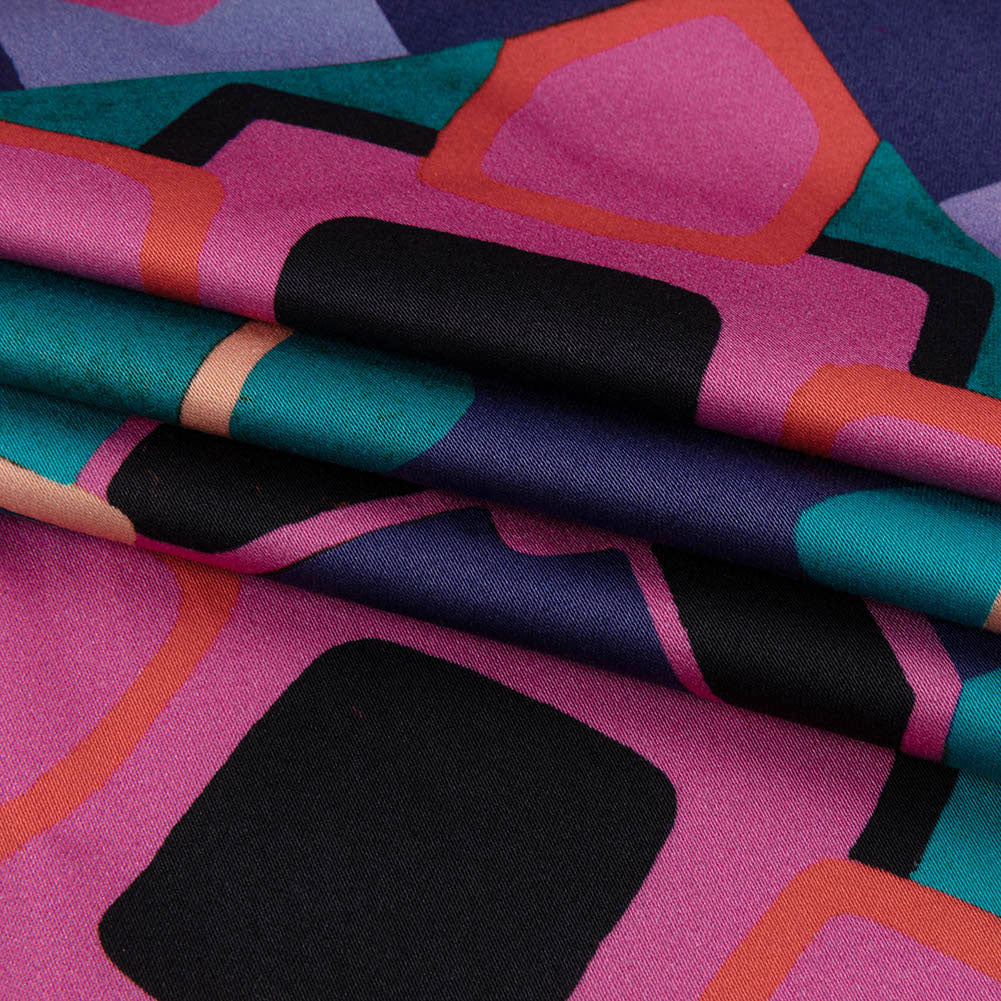 Stretch Cotton Sateen - Teal and Pink Geometric Tiles - Jukebox Jivin' Print - Mood Exclusive Yesterday Collection - Folded Stretch Cotton Sateen - Teal and Pink Geometric Tiles - Jukebox Jivin' Print - Mood Exclusive Yesterday Collection - Folded
