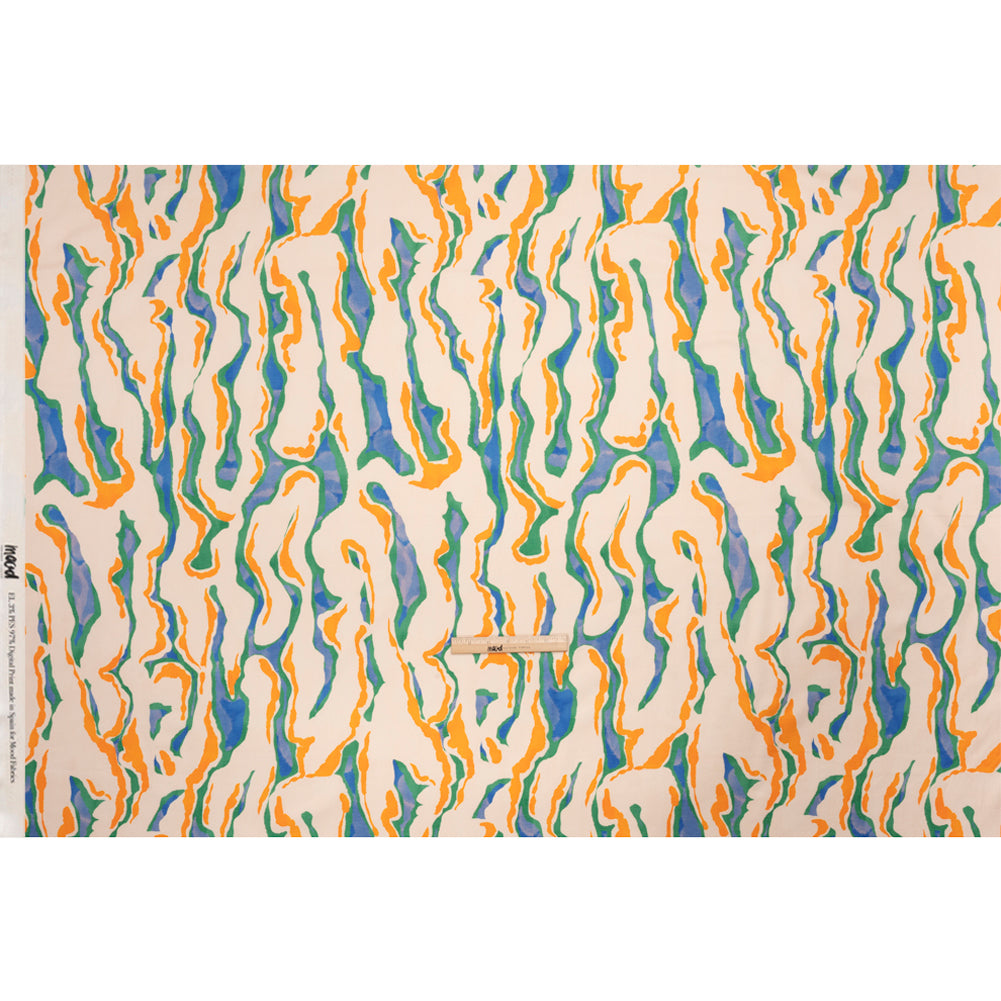 Stretch Cotton Sateen - Cream, Green and Orange Abstract - Gogh with the Flow Print - Mood Exclusive Marigold Collection - Full Stretch Cotton Sateen - Cream, Green and Orange Abstract - Gogh with the Flow Print - Mood Exclusive Marigold Collection - Full
