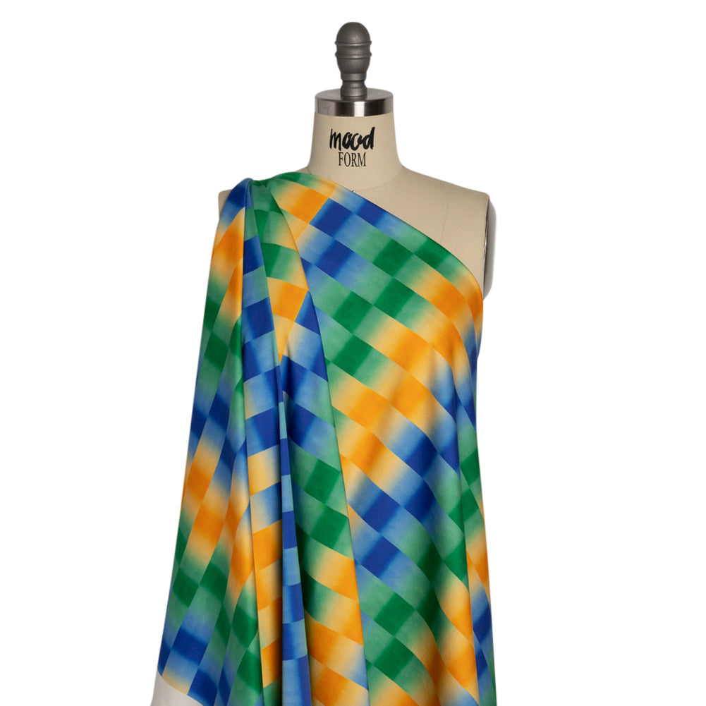 Stretch Cotton Sateen - Orange and Blue Gradient Checkered Stripes - Checks Out Print - Mood Exclusive Marigold Collection Stretch Cotton Sateen - Orange and Blue Gradient Checkered Stripes - Checks Out Print - Mood Exclusive Marigold Collection