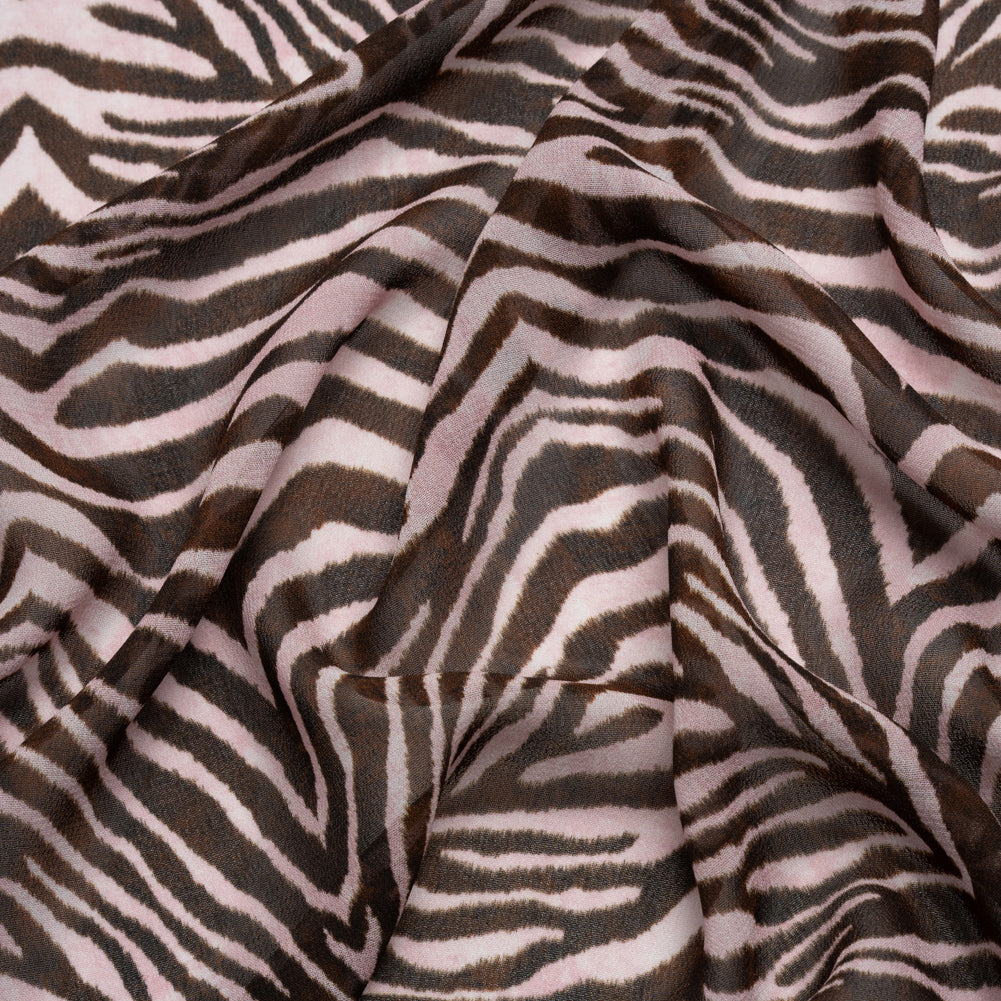 Viscose Georgette - Pink and Brown Zebra Stripes - Destination Oasis Print - Mood Exclusive Kilimanjaro Collection Viscose Georgette - Pink and Brown Zebra Stripes - Destination Oasis Print - Mood Exclusive Kilimanjaro Collection