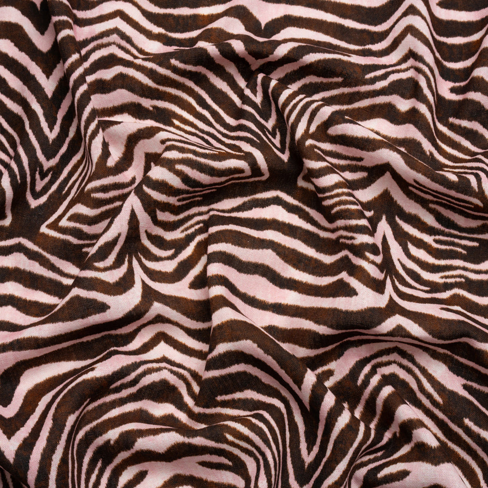 Linen and Rayon Woven - Pink and Brown Zebra Stripes - Destination Oasis Print - Mood Exclusive Kilimanjaro Collection Linen and Rayon Woven - Pink and Brown Zebra Stripes - Destination Oasis Print - Mood Exclusive Kilimanjaro Collection