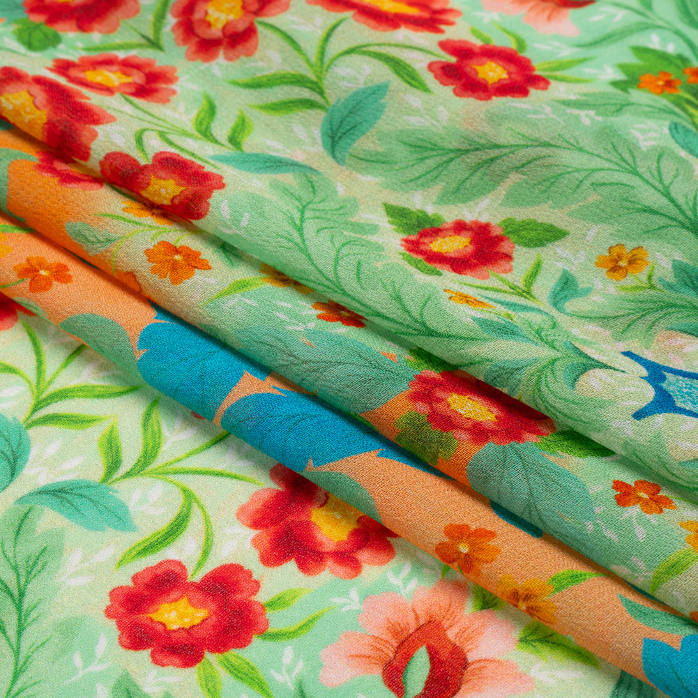 Viscose Georgette Panel - Blue, Green and Orange Floral Squares - Mood Exclusive Waltz of the Flowers Print Viscose Georgette Panel - Blue, Green and Orange Floral Squares - Mood Exclusive Waltz of the Flowers Print