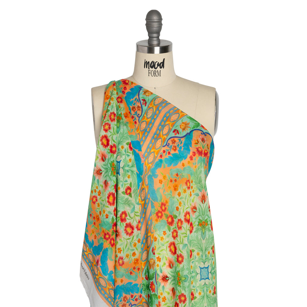 Viscose Georgette Panel - Blue, Green and Orange Floral Squares - Mood Exclusive Waltz of the Flowers Print Viscose Georgette Panel - Blue, Green and Orange Floral Squares - Mood Exclusive Waltz of the Flowers Print