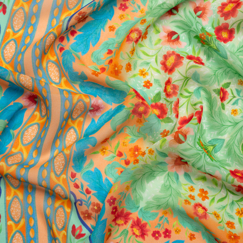 Viscose Georgette Panel - Blue, Green and Orange Floral Squares - Mood Exclusive Waltz of the Flowers Print Viscose Georgette Panel - Blue, Green and Orange Floral Squares - Mood Exclusive Waltz of the Flowers Print