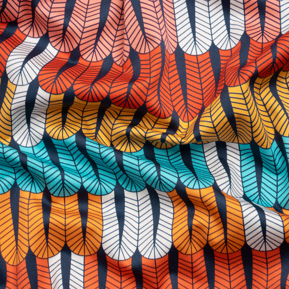 Stretch Cotton Sateen - Orange and Blue Geometric Feathers - Mood Exclusive Flock Together Print Stretch Cotton Sateen - Orange and Blue Geometric Feathers - Mood Exclusive Flock Together Print