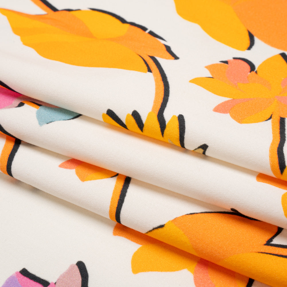 Stretch Cotton Sateen - Pink and orange Floral Silhouettes - Mood Exclusive Speaks For The Trees Print - Folded Stretch Cotton Sateen - Pink and orange Floral Silhouettes - Mood Exclusive Speaks For The Trees Print - Folded