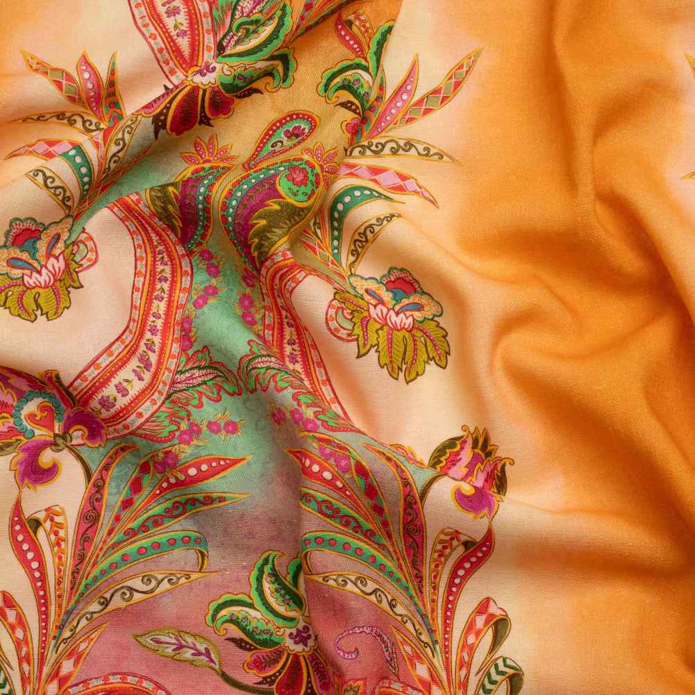 Linen and Rayon Woven - Orange and Pink Floral Paisley Stripe - Mood Exclusive Eos and Flora Print Linen and Rayon Woven - Orange and Pink Floral Paisley Stripe - Mood Exclusive Eos and Flora Print