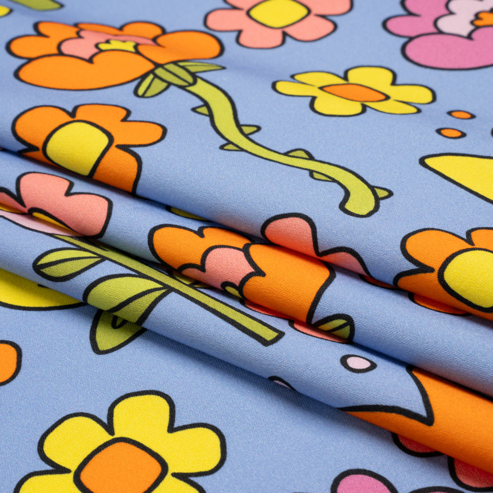 Stretch Cotton Sateen - Blue, Yellow and Purple Simple Floral - Mood Exclusive Atari Acres Print - Folded Stretch Cotton Sateen - Blue, Yellow and Purple Simple Floral - Mood Exclusive Atari Acres Print - Folded