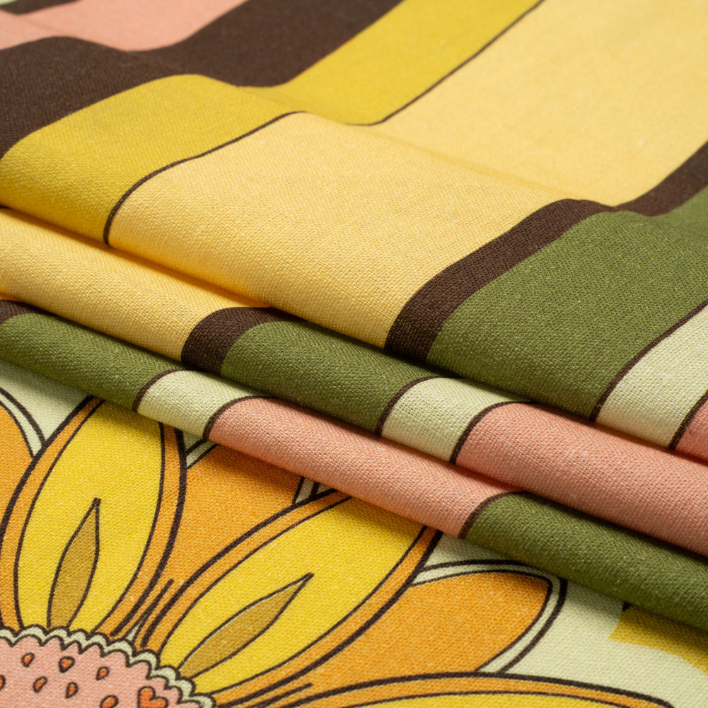 Linen and Rayon Woven - Yellow and Green Sunflowers Border and Stripes - Mood Exclusive Matilda's Garden Print - Folded Linen and Rayon Woven - Yellow and Green Sunflowers Border and Stripes - Mood Exclusive Matilda's Garden Print - Folded