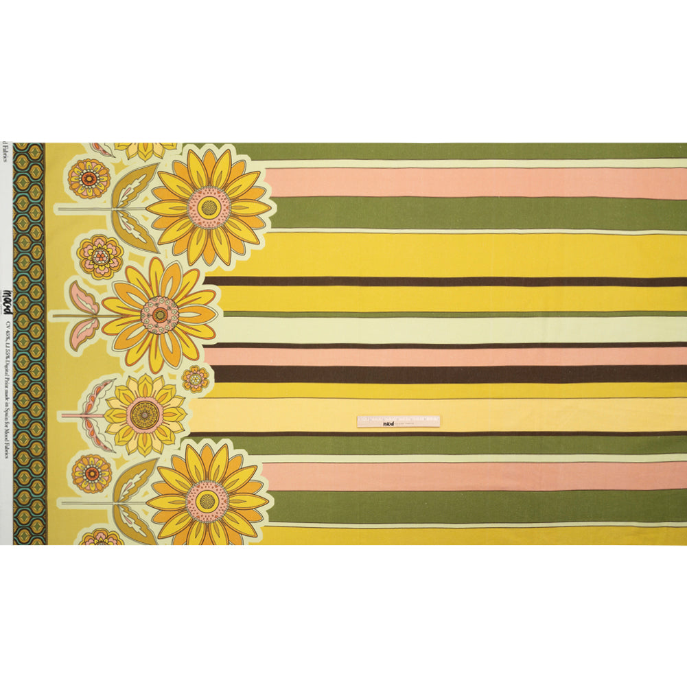 Linen and Rayon Woven - Yellow and Green Sunflowers Border and Stripes - Mood Exclusive Matilda's Garden Print - Full Linen and Rayon Woven - Yellow and Green Sunflowers Border and Stripes - Mood Exclusive Matilda's Garden Print - Full