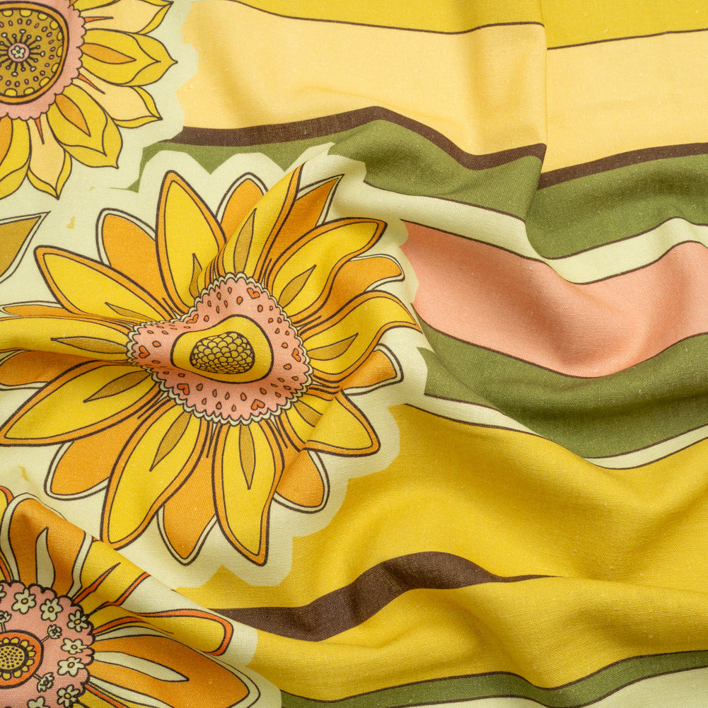 Linen and Rayon Woven - Yellow and Green Sunflowers Border and Stripes - Mood Exclusive Matilda's Garden Print Linen and Rayon Woven - Yellow and Green Sunflowers Border and Stripes - Mood Exclusive Matilda's Garden Print