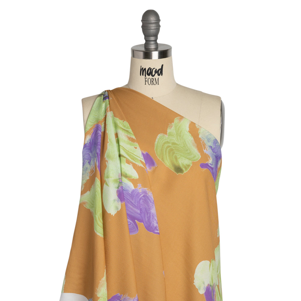 Viscose Crepe - Orange, Purple and Lime Brushstrokes - Mood Exclusive Tulip Impermanence Print - Drape Viscose Crepe - Orange, Purple and Lime Brushstrokes - Mood Exclusive Tulip Impermanence Print - Drape