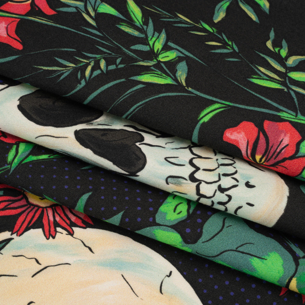 Stretch Cotton Sateen - Black, Red and Green Skulls and Flowers - Mood Exclusive Poor Yorick Print Folded Stretch Cotton Sateen - Black, Red and Green Skulls and Flowers - Mood Exclusive Poor Yorick Print Folded