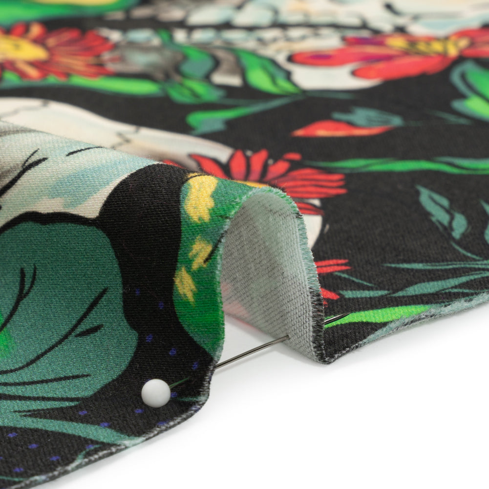 Stretch Cotton Sateen - Black, Red and Green Skulls and Flowers - Mood Exclusive Poor Yorick Print Detail Stretch Cotton Sateen - Black, Red and Green Skulls and Flowers - Mood Exclusive Poor Yorick Print Detail