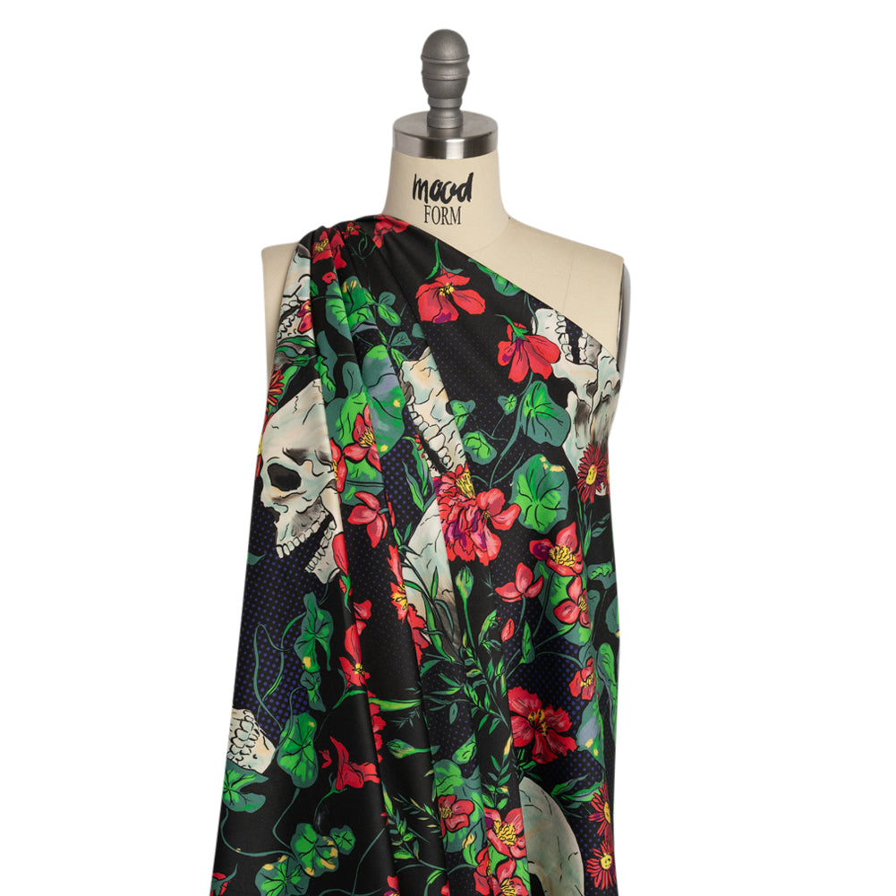 Stretch Cotton Sateen - Black, Red and Green Skulls and Flowers - Mood Exclusive Poor Yorick Print Drape Stretch Cotton Sateen - Black, Red and Green Skulls and Flowers - Mood Exclusive Poor Yorick Print Drape