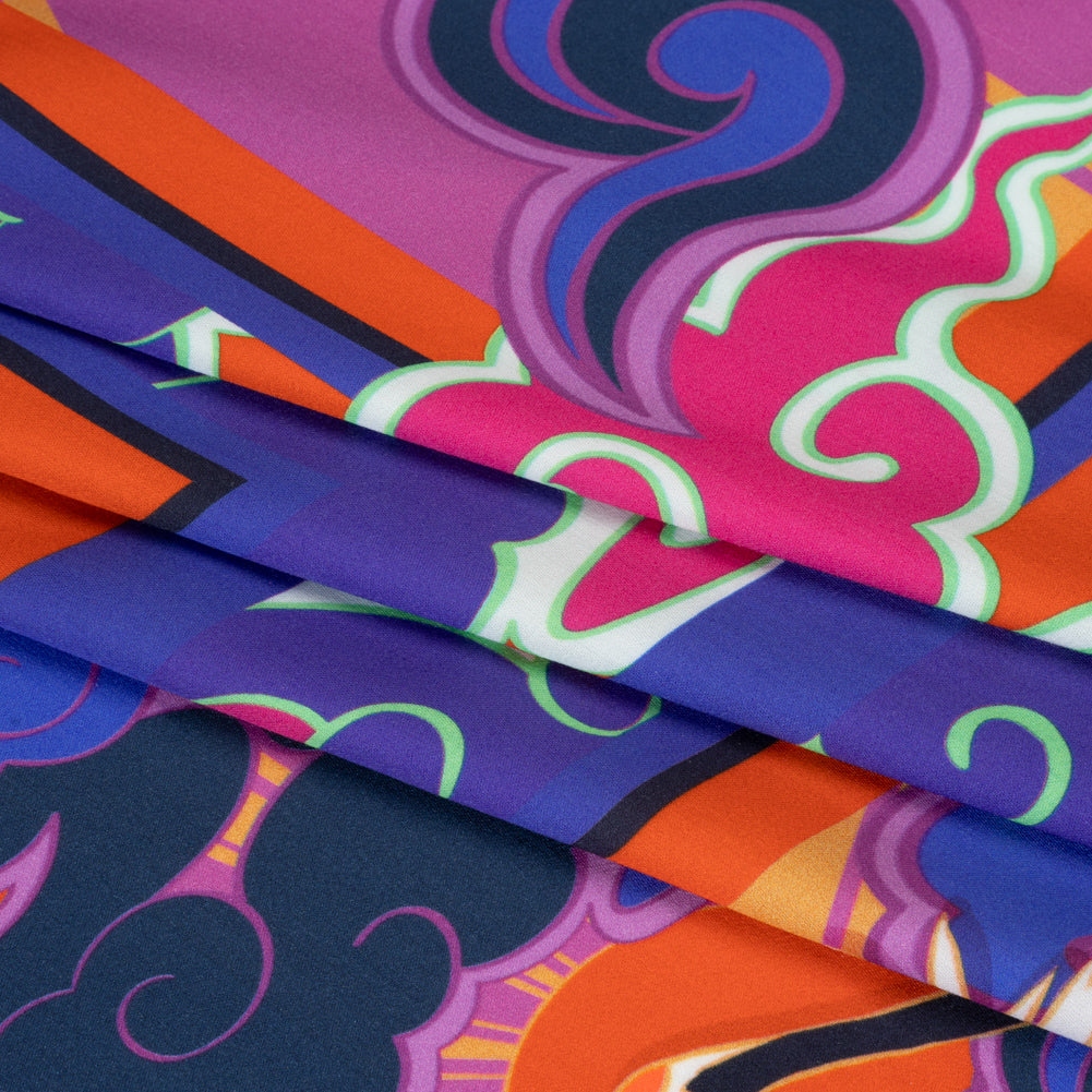 Rayon Challis Panel - Blue and Orange Cranes and Clouds - Sunrise Flight Print - Mood Exclusive Chariot Collection - Folded Rayon Challis Panel - Blue and Orange Cranes and Clouds - Sunrise Flight Print - Mood Exclusive Chariot Collection - Folded