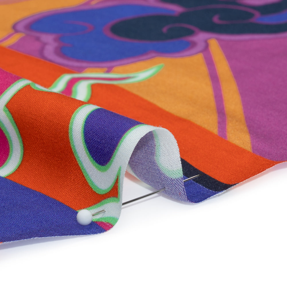 Rayon Challis Panel - Blue and Orange Cranes and Clouds - Sunrise Flight Print - Mood Exclusive Chariot Collection - Detail Rayon Challis Panel - Blue and Orange Cranes and Clouds - Sunrise Flight Print - Mood Exclusive Chariot Collection - Detail