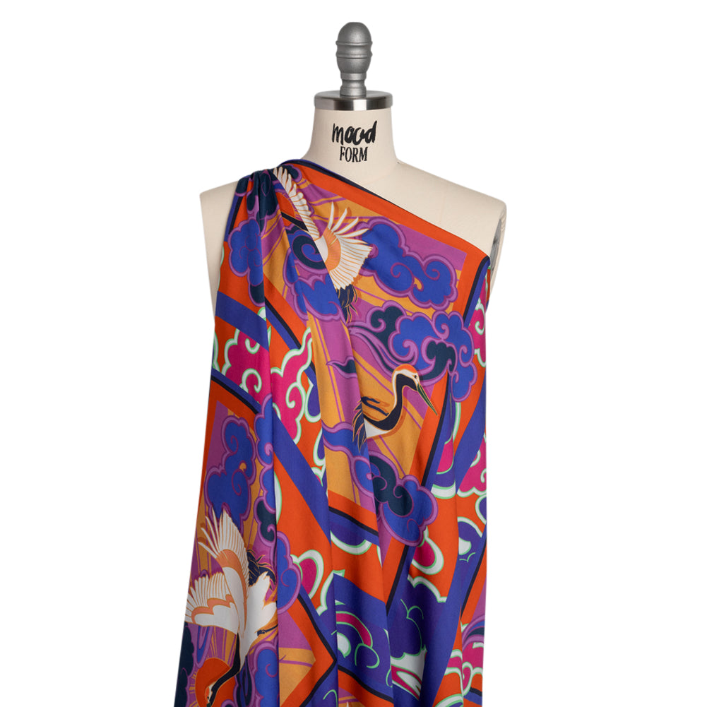 Rayon Challis Panel - Blue and Orange Cranes and Clouds - Sunrise Flight Print - Mood Exclusive Chariot Collection - Drape Rayon Challis Panel - Blue and Orange Cranes and Clouds - Sunrise Flight Print - Mood Exclusive Chariot Collection - Drape