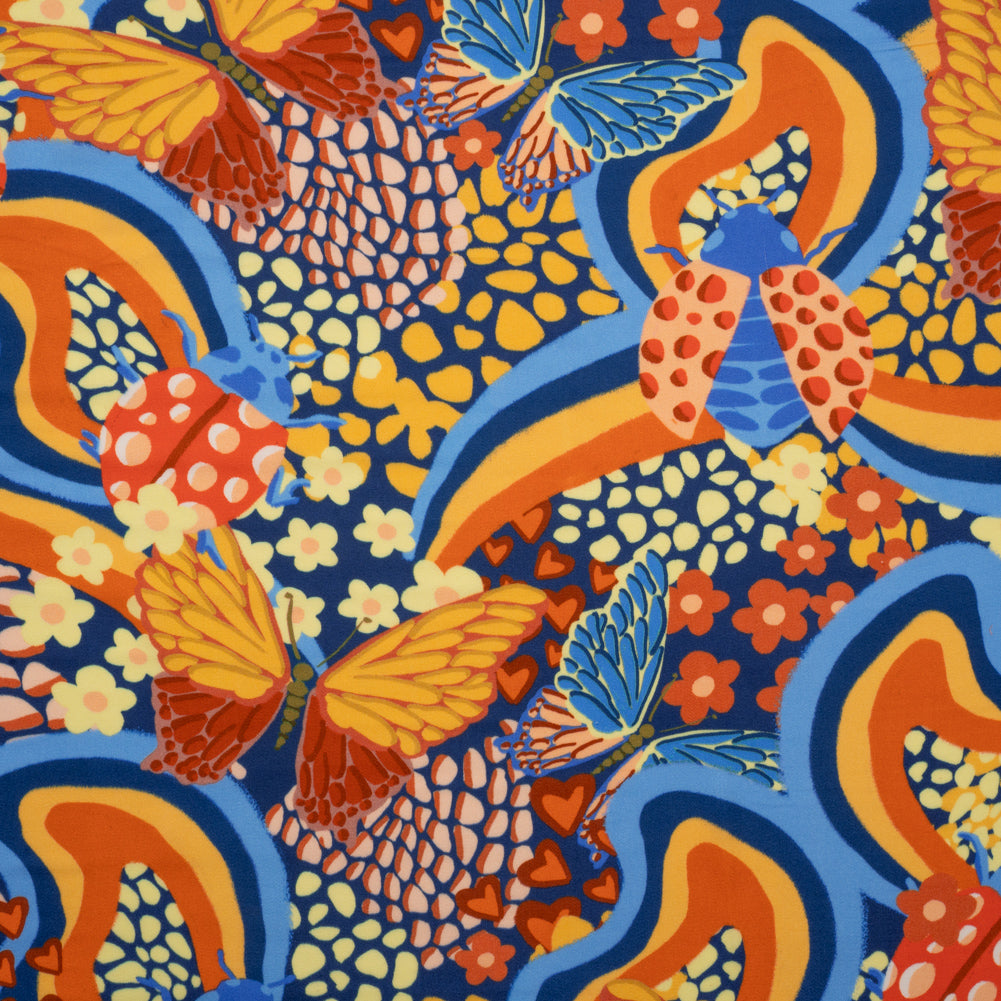 Rayon Challis - Orange and Blue Butterflies and Doodles - Sunbeam Garden Print - Mood Exclusive Chariot Collection Rayon Challis - Orange and Blue Butterflies and Doodles - Sunbeam Garden Print - Mood Exclusive Chariot Collection