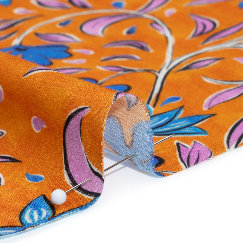 Rayon Challis - Orange and Blue Floral - Apollo's Laurel Print - Mood Exclusive Chariot Collection - Detail Rayon Challis - Orange and Blue Floral - Apollo's Laurel Print - Mood Exclusive Chariot Collection - Detail