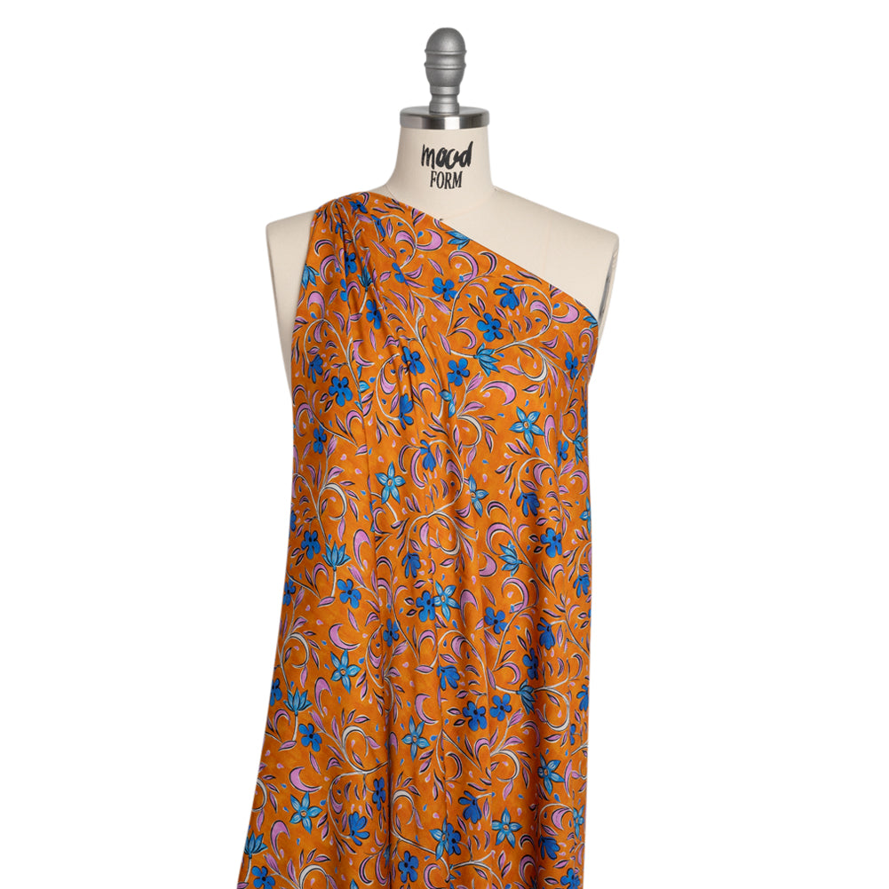 Rayon Challis - Orange and Blue Floral - Apollo's Laurel Print - Mood Exclusive Chariot Collection - Drape Rayon Challis - Orange and Blue Floral - Apollo's Laurel Print - Mood Exclusive Chariot Collection - Drape