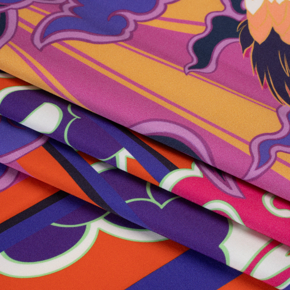 Stretch Cotton Sateen Panel - Purple and Orange Cranes and Clouds - Sunrise Flight Print - Mood Exclusive Chariot Collection Stretch Cotton Sateen Panel - Purple and Orange Cranes and Clouds - Sunrise Flight Print - Mood Exclusive Chariot Collection