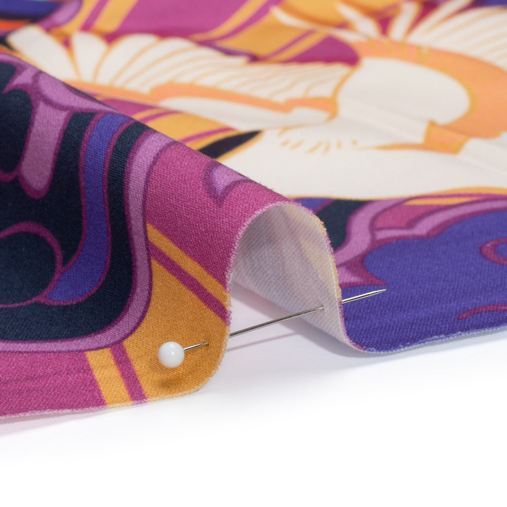 Stretch Cotton Sateen Panel - Purple and Orange Cranes and Clouds - Sunrise Flight Print - Mood Exclusive Chariot Collection Stretch Cotton Sateen Panel - Purple and Orange Cranes and Clouds - Sunrise Flight Print - Mood Exclusive Chariot Collection