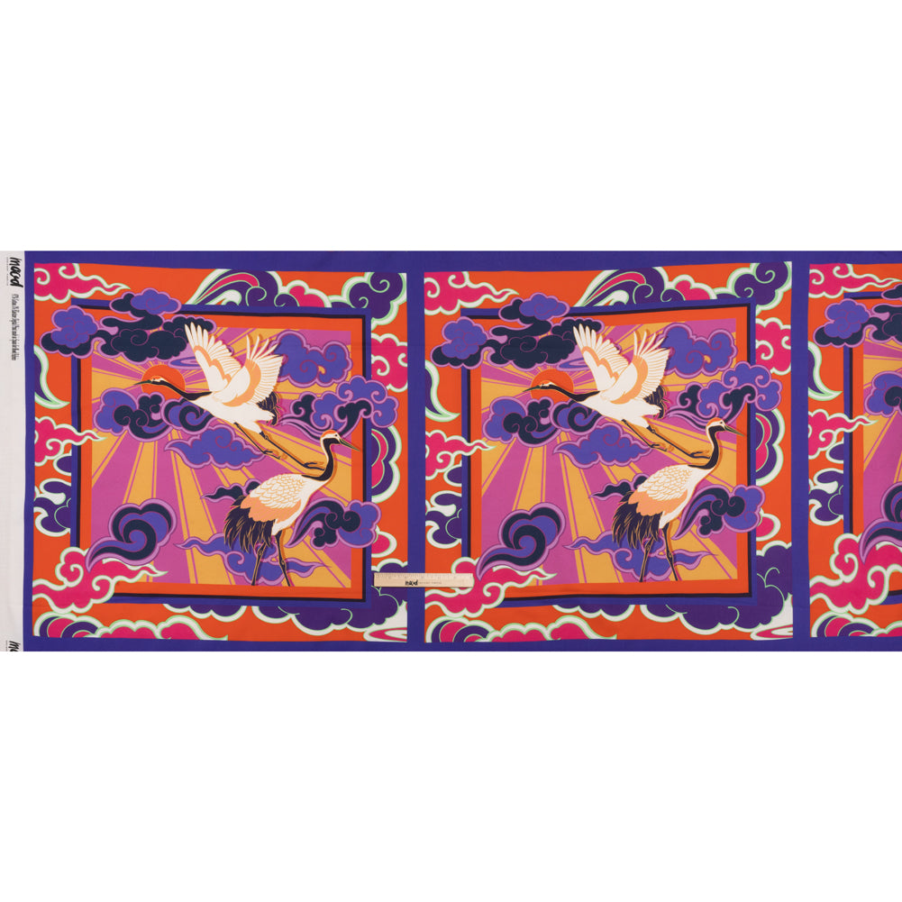 Stretch Cotton Sateen Panel - Purple and Orange Cranes and Clouds - Sunrise Flight Print - Mood Exclusive Chariot Collection Stretch Cotton Sateen Panel - Purple and Orange Cranes and Clouds - Sunrise Flight Print - Mood Exclusive Chariot Collection