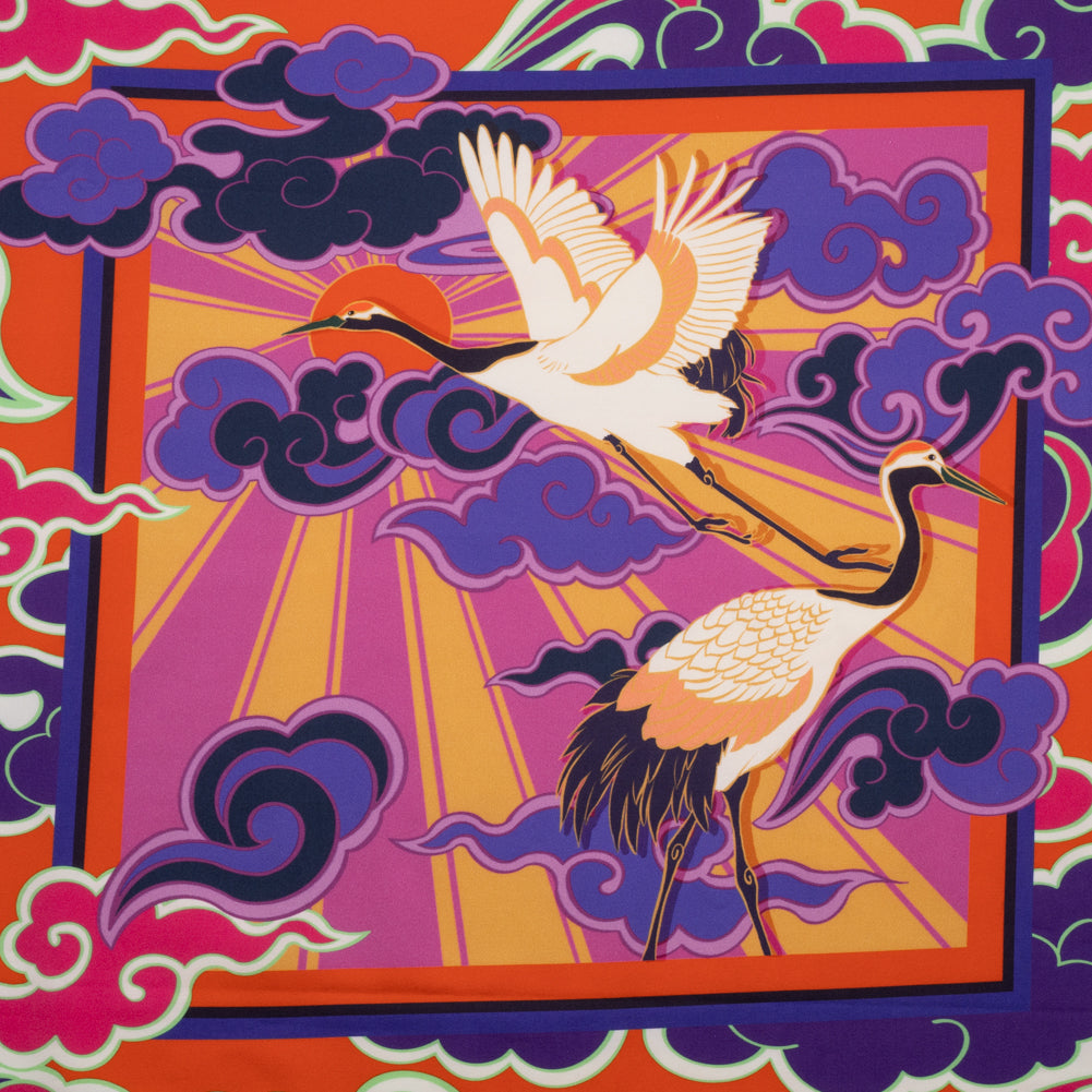 Stretch Cotton Sateen Panel - Purple and Orange Cranes and Clouds - Sunrise Flight Print - Mood Exclusive Chariot Collection Stretch Cotton Sateen Panel - Purple and Orange Cranes and Clouds - Sunrise Flight Print - Mood Exclusive Chariot Collection