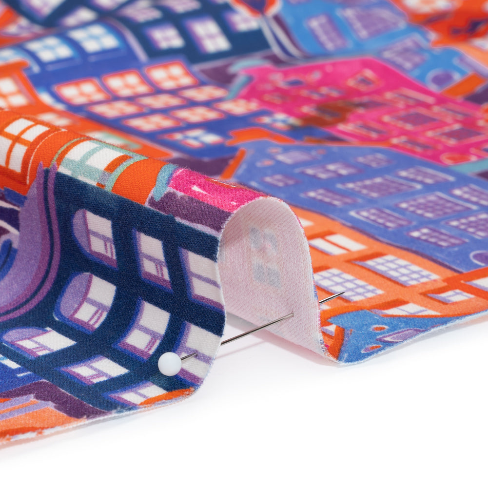 Stretch Cotton Sateen - Purple, Orange and Blue Houses - Sunlit City Print - Mood Exclusive Chariot Collection - Detail Stretch Cotton Sateen - Purple, Orange and Blue Houses - Sunlit City Print - Mood Exclusive Chariot Collection - Detail